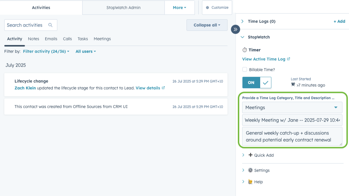Image displaying StopWatch Title, Category & Description inputs available when '1 Time Log Per Session' setting is enabled