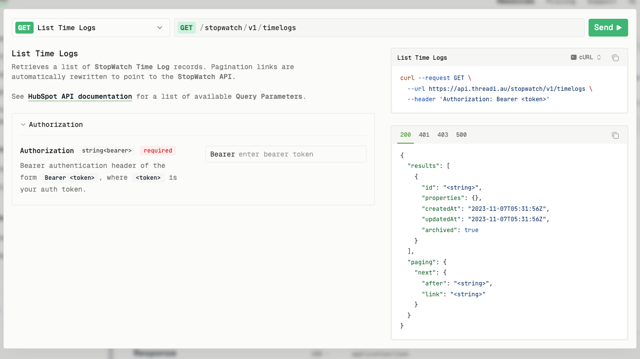 StopWatch API documentation screenshot
