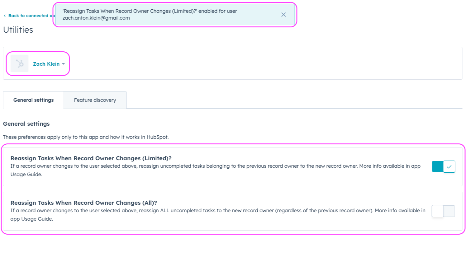 Utilities App Settings screenshot with Reassign Tasks enabled