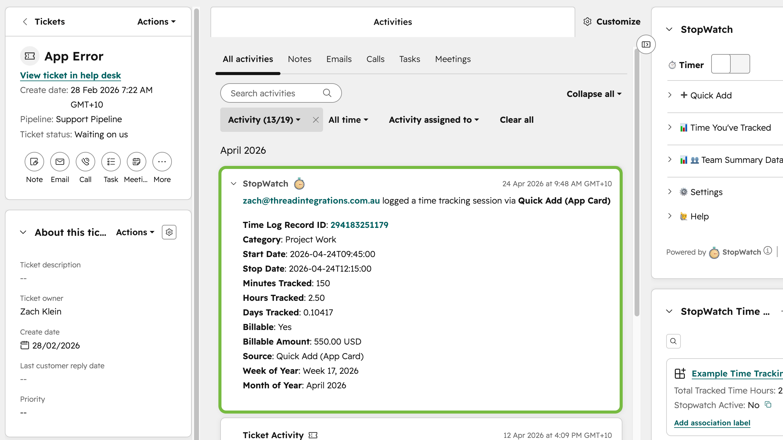 Screenshot illustrating StopWatch's App Event for time tracking session submissions