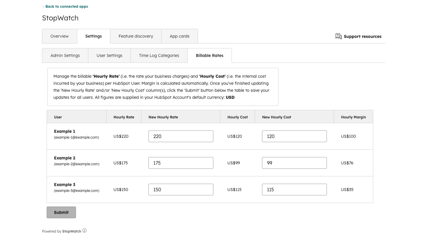 Example StopWatch Billable Rate Settings Screenshot