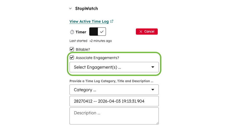 Screenshot of the StopWatch App Card's Associate Engagements feature