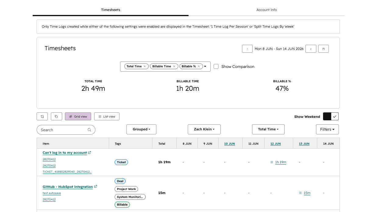 Screenshot: StopWatch Timesheets feature